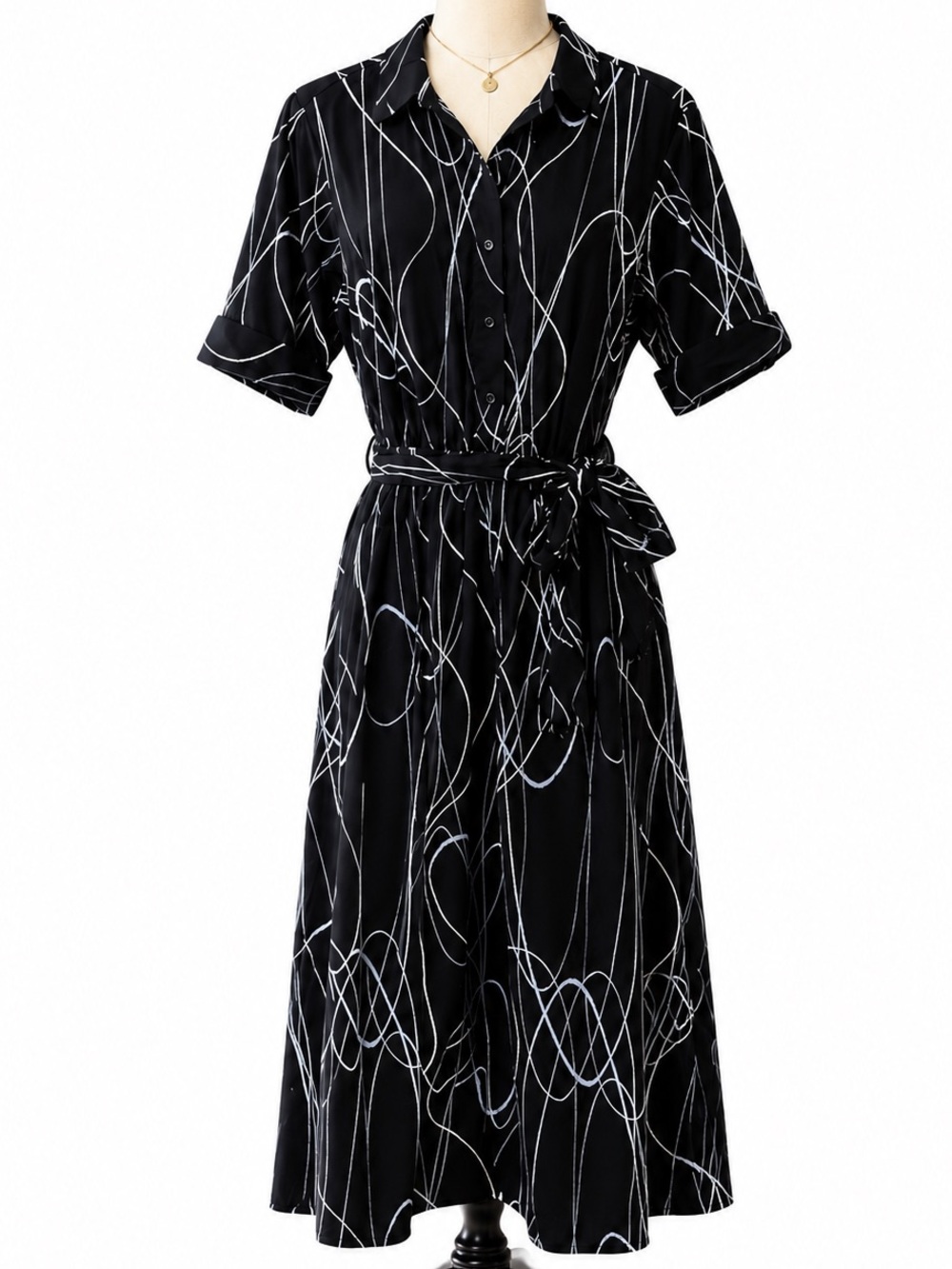 Dkny Black Midi Shirt Dress with White Swirl Print